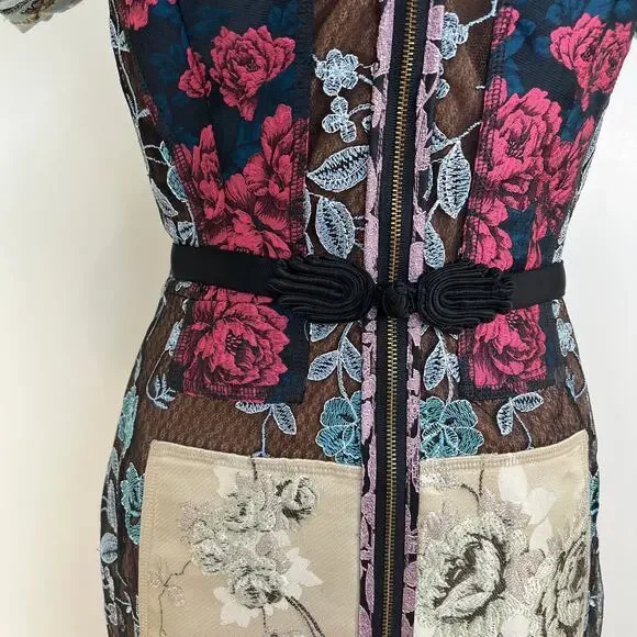 Anthropologie Beguile by Byron Lars Brocade Floral Dress Black Lace Sheath Mini